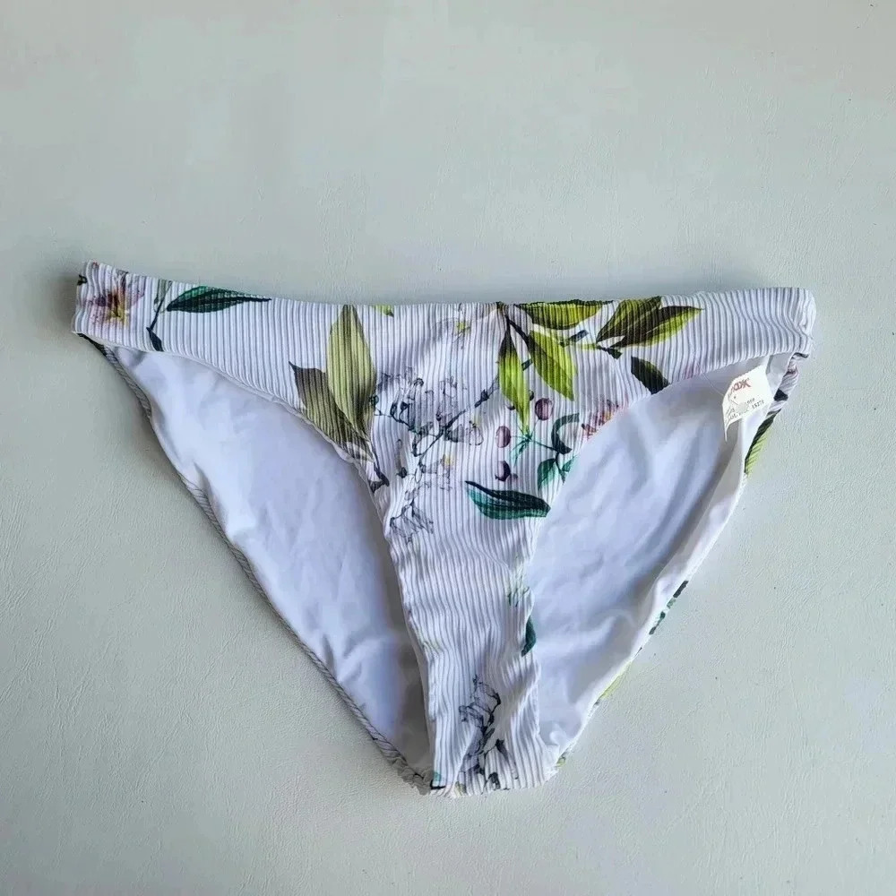 NWT TJ Maxx Womens White Floral Print Mid-Rise Bikini Swim Bottom Green Ribbed M
